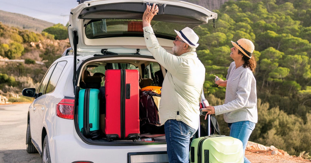 Una familia llena su maletero de maletas para emprender un viaje. IA. Adobe Firefly