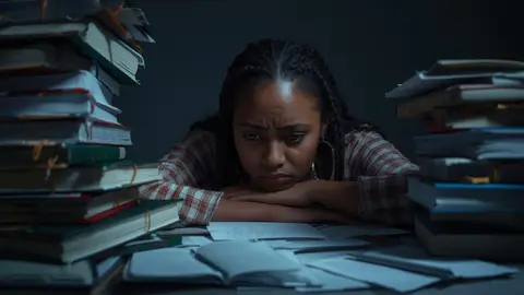 Una estudiante agobiada por los trabajos y ex&aacute;menes